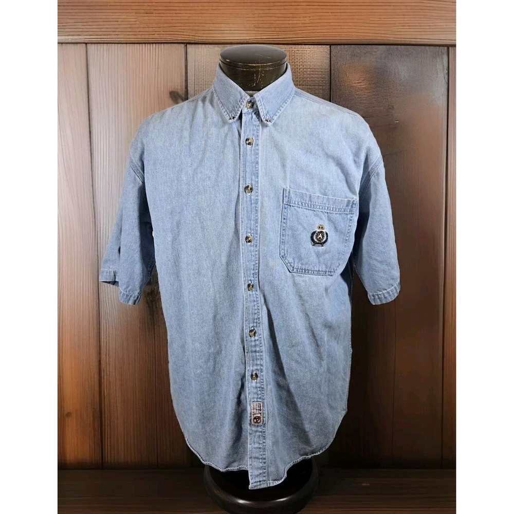 Vintage Denim Shirt Mens M Blue Button Up‎ Short Sleeve Embroidered Logo Pocket